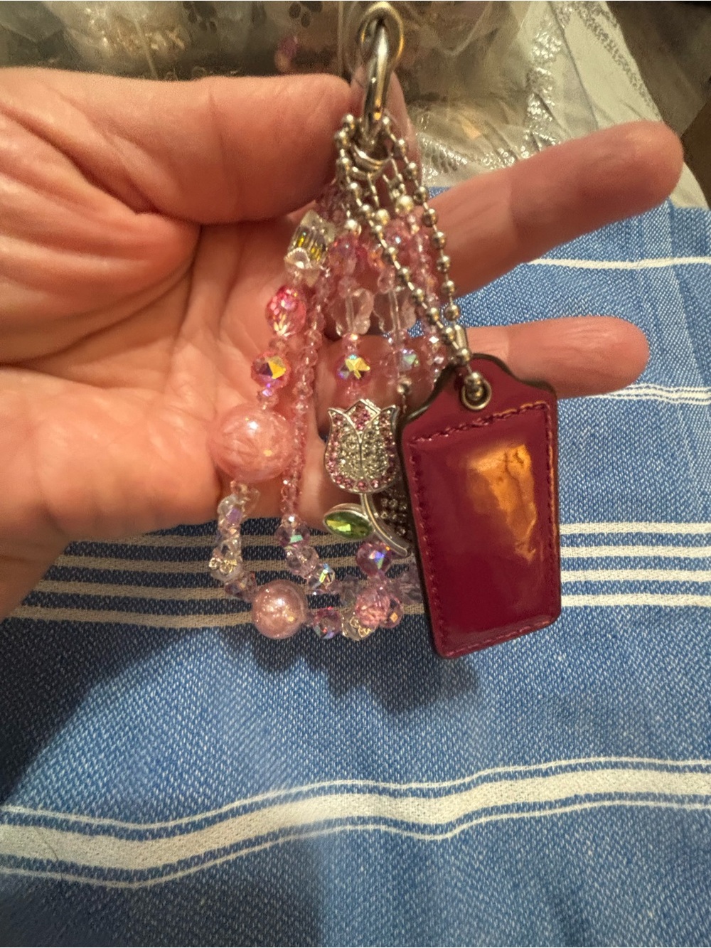 Coach hangtag with Pink and Burgundy Crystal Beaded Bag Charm with Tulip Accent - Picture 7 of 9